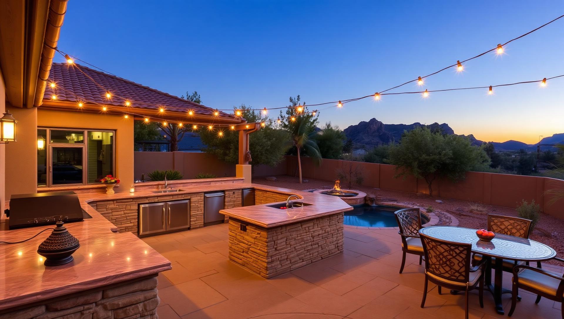 Luxury Arizona backyard with outdoor kitchen, fire pit, and string lights at dusk