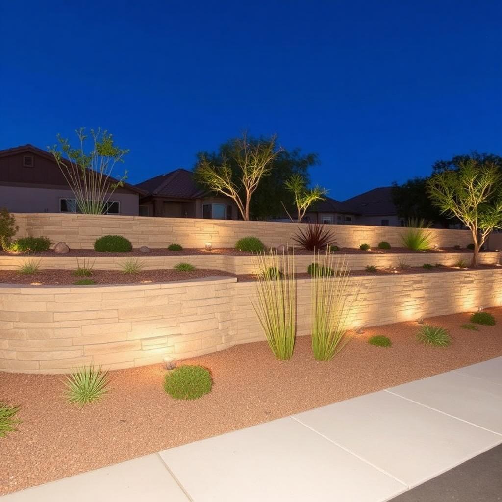Architectural stacked stone retaining wall with landscape lighting