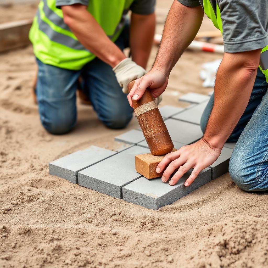 Installer hand-setting pavers on a compacted base