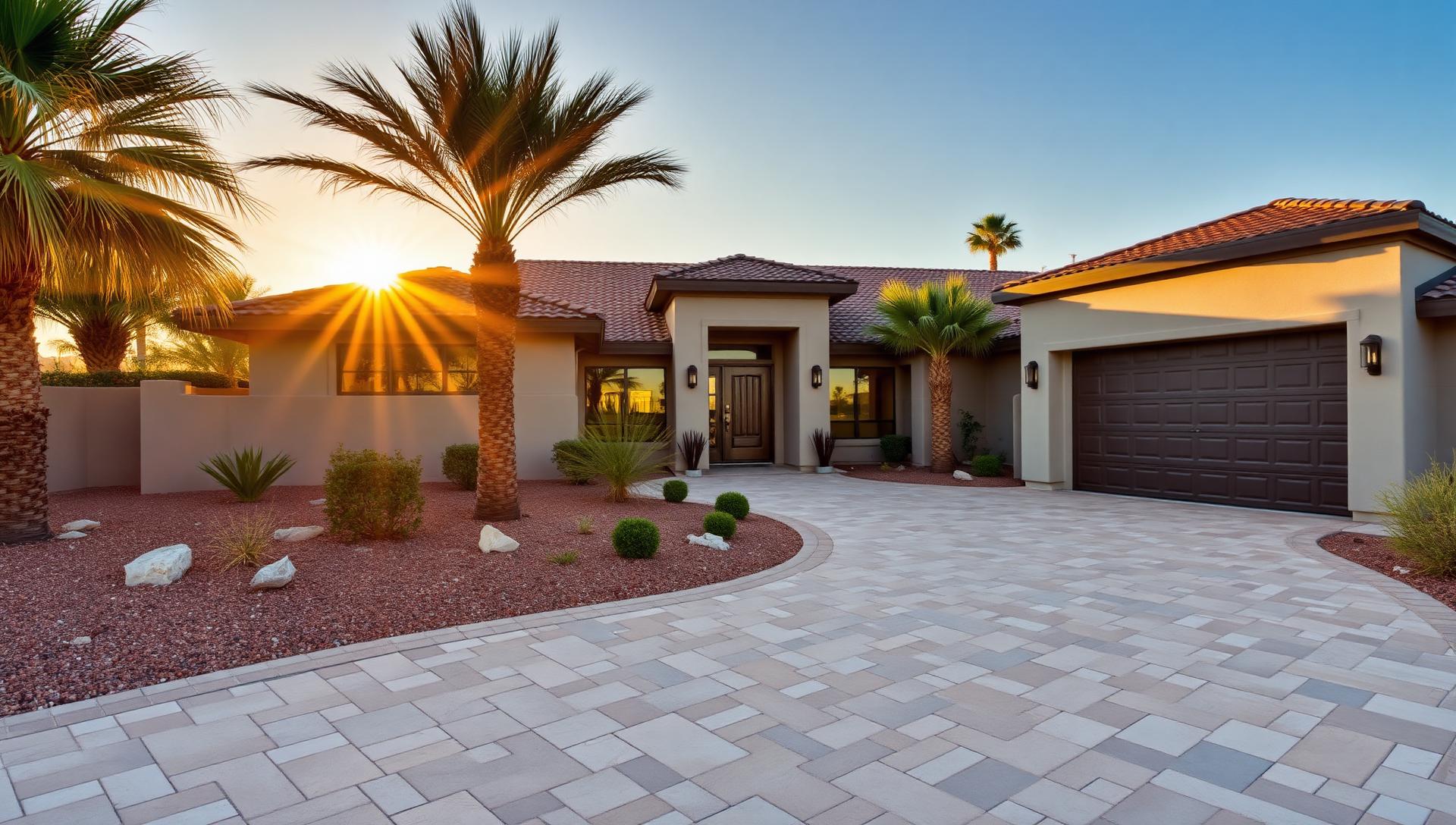 Luxury travertine paver driveway at a modern Phoenix home