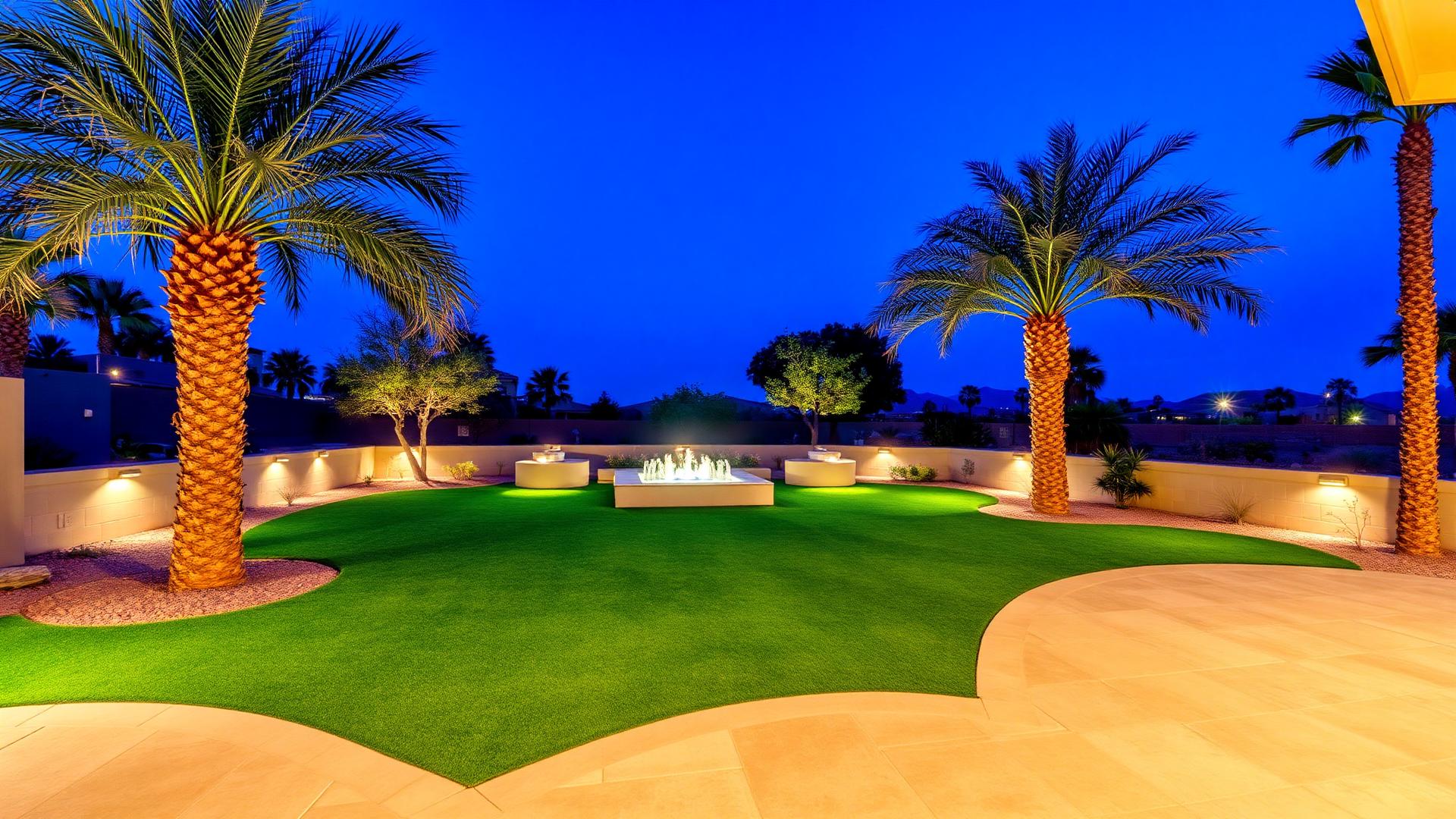 Lush artificial turf backyard at twilight in Phoenix